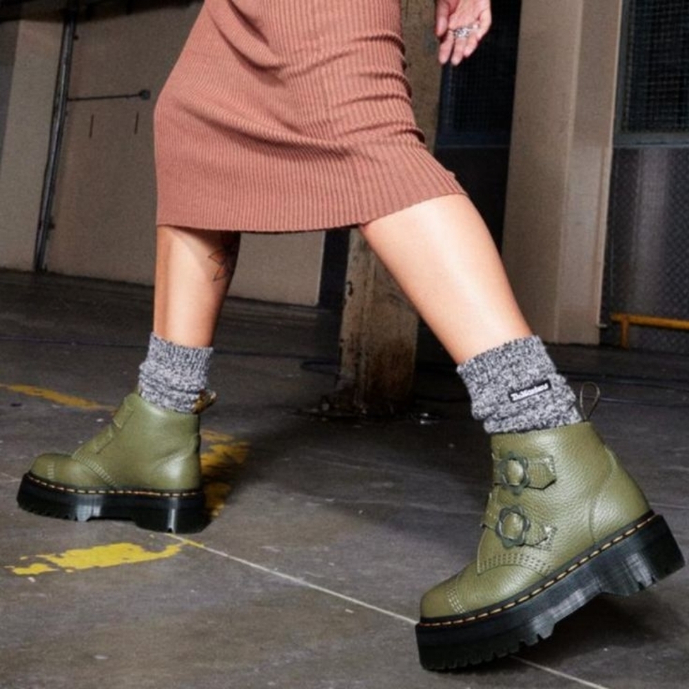 Dr. Martens Devon Flower Buckle Platform Boots in Khaki Green